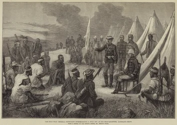 Der Zulukrieg, General Newdigate verhört einen Zulu-Spion in seinem Hauptquartier, Landman